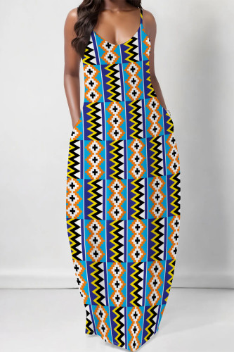 Sexy Geometric Print Pocket Contrast V Neck Printed Dresses