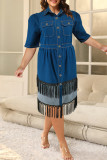 Street Solid Color Fringed Trim Pocket Buckle Patchwork Turndown Collar Long Plus Size Dresses