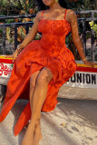 Elegant Solid Color Patchwork Backless High Slit Ruched Spaghetti Strap Sling Dresses