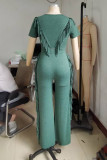 Casual Solid Color Fringed Trim Patchwork O Neck Short Sleeve Two Pieces