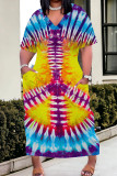 Casual Tie Dye Pocket Patchwork V Neck Straight Plus Size Dresses