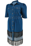 Street Solid Color Fringed Trim Pocket Buckle Patchwork Turndown Collar Long Plus Size Dresses