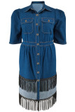 Street Solid Color Fringed Trim Pocket Buckle Patchwork Turndown Collar Long Plus Size Dresses
