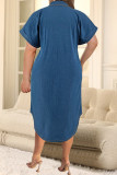 Casual Solid Color Buckle Patchwork Turndown Collar Straight Plus Size Dresses