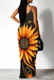 Sexy Floral Print Pocket Contrast V Neck Printed Dresses