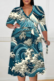 Elegant Geometric Print Lace Up Contrast V Neck Printed Plus Size Dresses