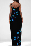 Elegant Print Pocket Patchwork Spaghetti Strap Sling Dresses