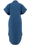 Casual Solid Color Buckle Patchwork Turndown Collar Straight Plus Size Dresses