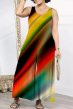 Casual Print Patchwork V Neck Loose Jumpsuits