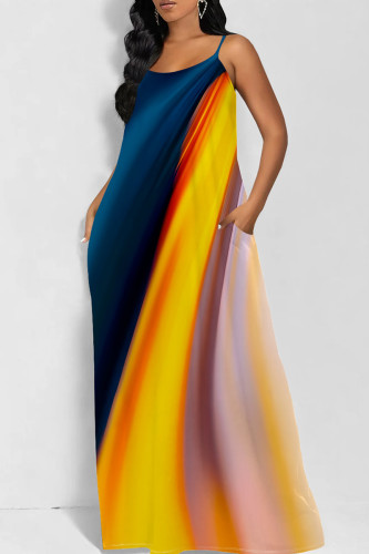 Casual Gradient Color Pocket Patchwork Backless Spaghetti Strap Sling Dresses