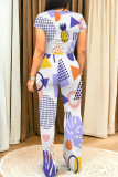 Casual Geometric Print Pocket Contrast O Neck Short Sleeve Two Pieces