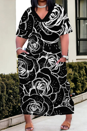 Casual Flowers Print Pocket Contrast V Neck Printed Plus Size Dresses