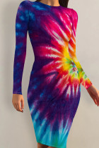 Casual Print Patchwork O Neck Wrapped Skirt Dresses