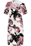Casual Flowers Print Pocket Contrast V Neck Printed Plus Size Dresses