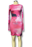 Sexy Print Patchwork Slit O Neck Wrapped Skirt Dresses