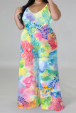 Casual Street Floral Print Splashed ink printing Contrast V Neck Plus Size Jumpsuits(With a turban)
