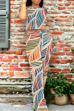 Casual Geometric Print Pocket Contrast O Neck Short Sleeve Two Pieces