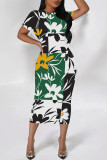 Casual Geometric Print Floral Print Contrast O Neck Printed Short Sleeve Dress