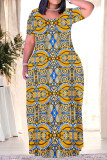 Casual Geometric Print Floral Print Contrast O Neck Printed Plus Size Dresses