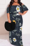 Casual Print Patchwork Off Shoulder Long Plus Size Dresses