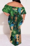 Casual Print Patchwork Off Shoulder Long Plus Size Dresses