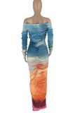 Sexy Gradient Color Patchwork Backless Ruched Off Shoulder Long Dresses