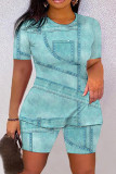 Casual Print Basic O Neck Short Sleeve Two Pieces
