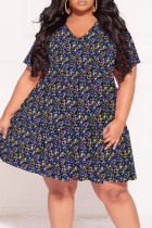 Casual Print Patchwork V Neck Printed Plus Size Dresses