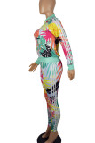 Casual Print Pocket Patchwork Zipper Zipper Collar Long Sleeve Two Pieces