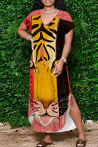 Elegant Animal Print Pocket Patchwork V Neck Long Dresses