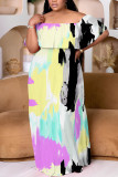Casual Print Patchwork Off Shoulder Long Plus Size Dresses