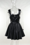Sexy Solid Color Lace Patchwork Backless Strap Design Zipper Asymmetrical Collar A Line Dresses