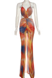 Sexy Print Hollow Out Patchwork Backless High Slit Ruched Halter Long Dresses