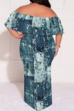 Casual Print Patchwork Off Shoulder Long Plus Size Dresses