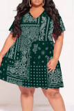 Street Print Patchwork V Neck A Line Plus Size Dresses