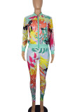 Casual Print Pocket Patchwork Zipper Zipper Collar Long Sleeve Two Pieces