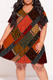Street Print Patchwork V Neck A Line Plus Size Dresses