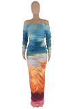 Sexy Gradient Color Patchwork Backless Ruched Off Shoulder Long Dresses