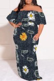 Casual Print Patchwork Off Shoulder Long Plus Size Dresses
