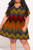 Street Print Patchwork V Neck A Line Plus Size Dresses