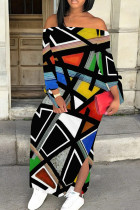 Casual Geometric Print Patchwork Backless Slit Off Shoulder Long Dresses