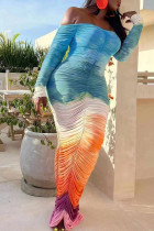 Sexy Gradient Color Patchwork Backless Ruched Off Shoulder Long Dresses