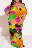 Casual Print Patchwork Off Shoulder Long Plus Size Dresses