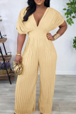 Casual Solid Color Patchwork Pleated V Neck Loose Jumpsuits