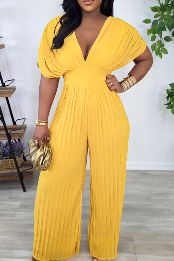 Casual Solid Color Patchwork Pleated V Neck Loose Jumpsuits