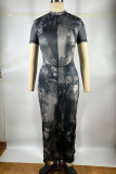 Elegant Print Patchwork Slit Zipper O Neck Wrapped Skirt Dresses
