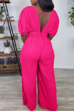 Casual Solid Color Patchwork Pleated V Neck Loose Jumpsuits