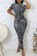 Elegant Print Patchwork Slit Zipper O Neck Wrapped Skirt Dresses