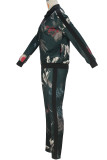 Casual Print Pocket Patchwork Zipper Zipper Collar Long Sleeve Two Pieces