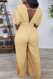 Casual Solid Color Patchwork Pleated V Neck Loose Jumpsuits